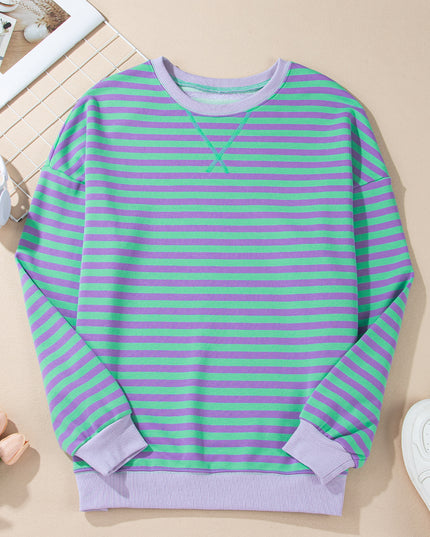Blue Striped Contrast Trim Drop Shoulder Sweatshirt