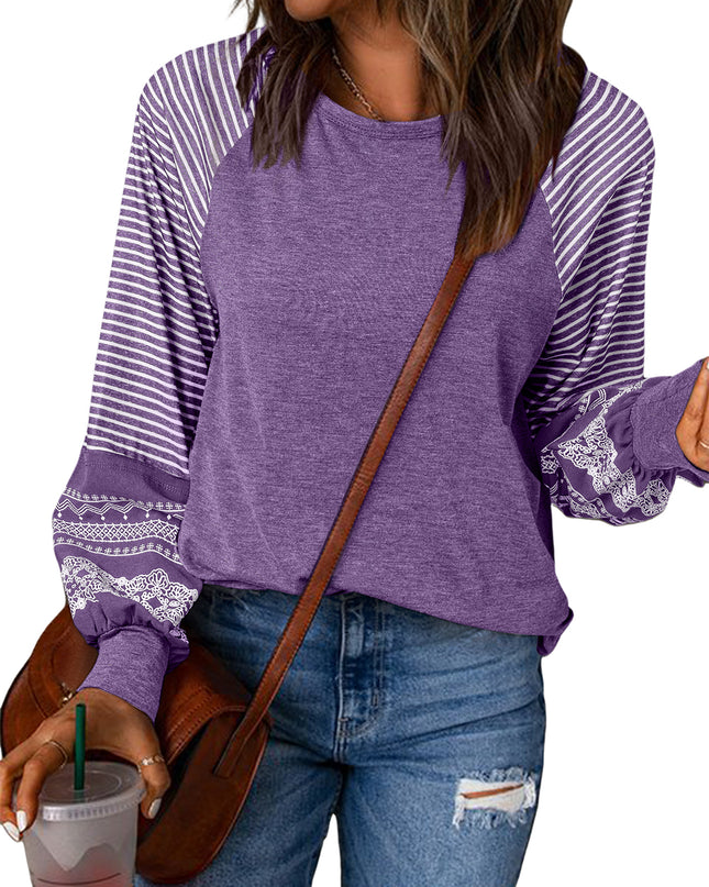 Rose Red Contrast Print Striped Raglan Long Sleeve Loose Top