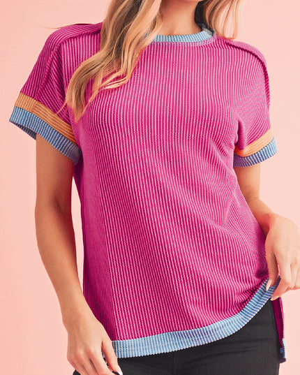 Rose Red Textured Colorblock Round Neck T Shirt