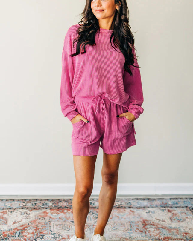Strawberry Pink Ribbed Plain Drawstring Shorts Set