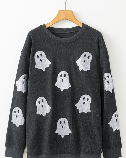 Pink Halloween Ghost Corded Crew Neck Loose Sweatshirt