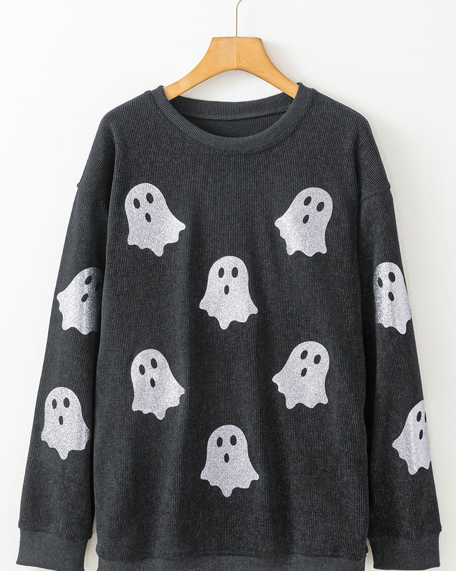 Pink Halloween Ghost Corded Crew Neck Loose Sweatshirt