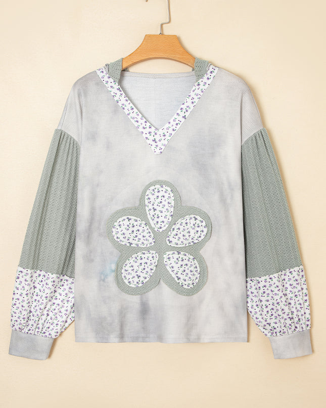 Beige Floral Textured Colorblock Patchwork Bishop Sleeve Hooded Top