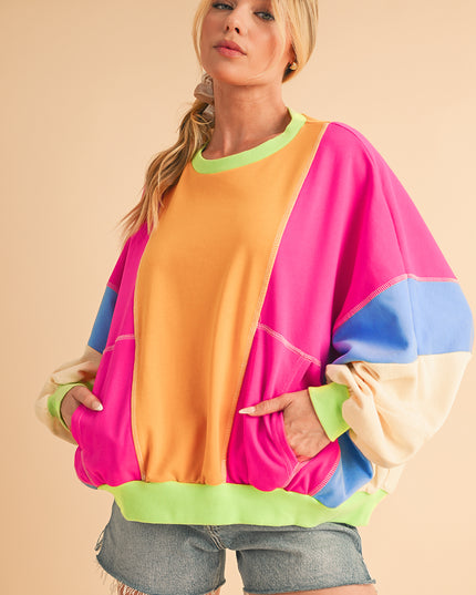 Grapefruit Orange Colorblock Patchwork Drop Shoulder Top