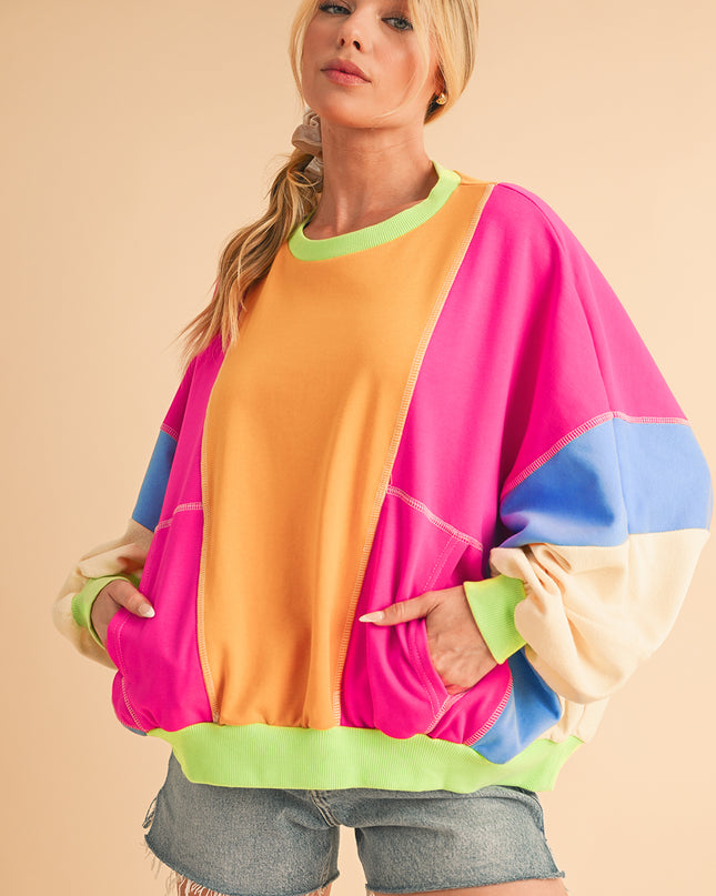Grapefruit Orange Colorblock Patchwork Drop Shoulder Top