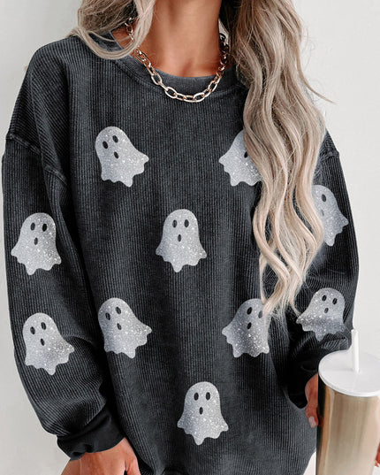 Pink Halloween Ghost Corded Crew Neck Loose Sweatshirt