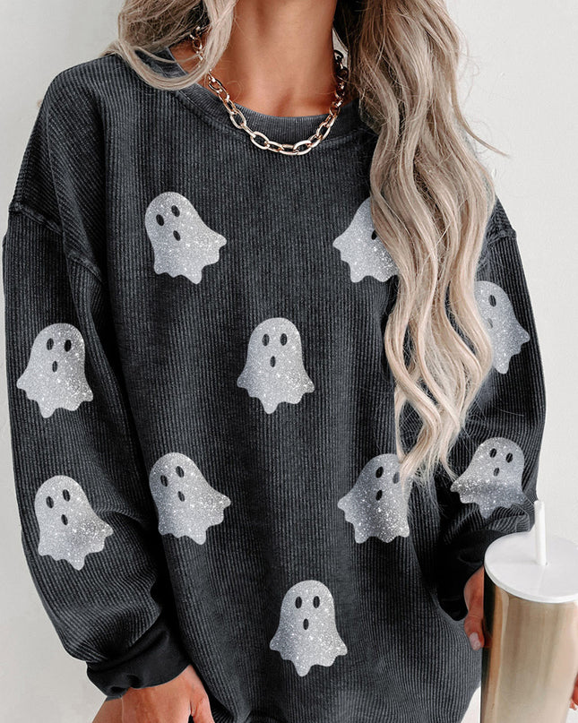 Pink Halloween Ghost Corded Crew Neck Loose Sweatshirt