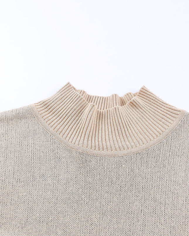Khaki Leopard Casual Side Slit High Neck Oversized Sweater