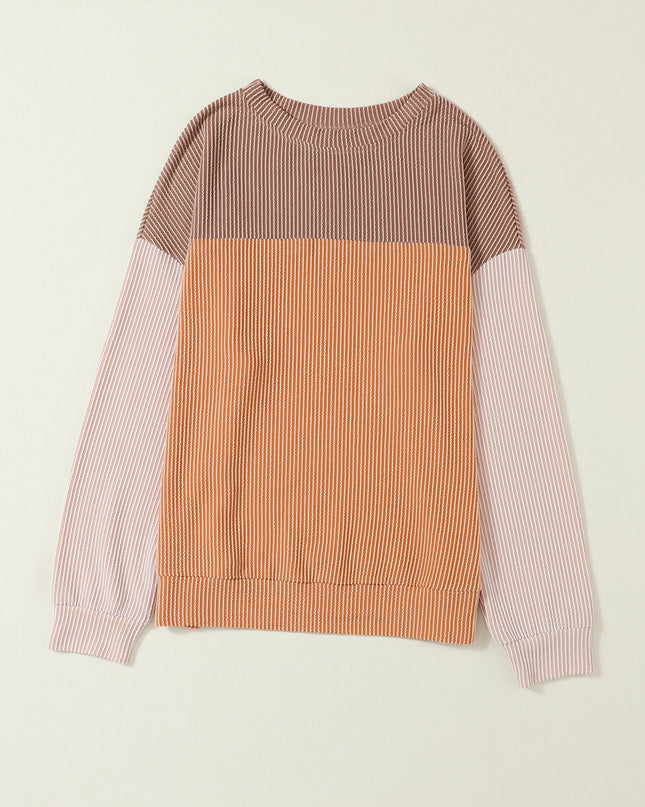 Multicolor Colorblock Ribbed Loose Long Sleeve Top