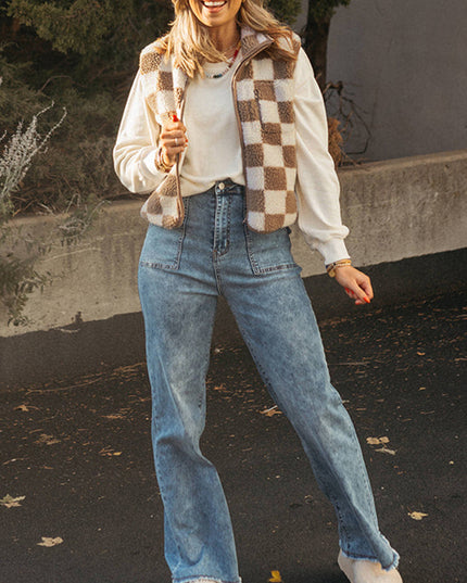 Khaki Checkered Sherpa Collared Jacket Vest