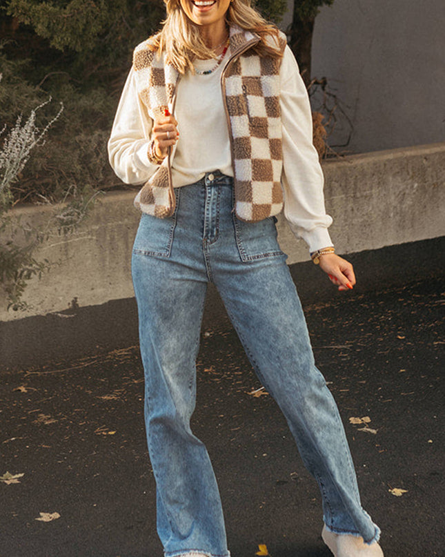 Khaki Checkered Sherpa Collared Jacket Vest