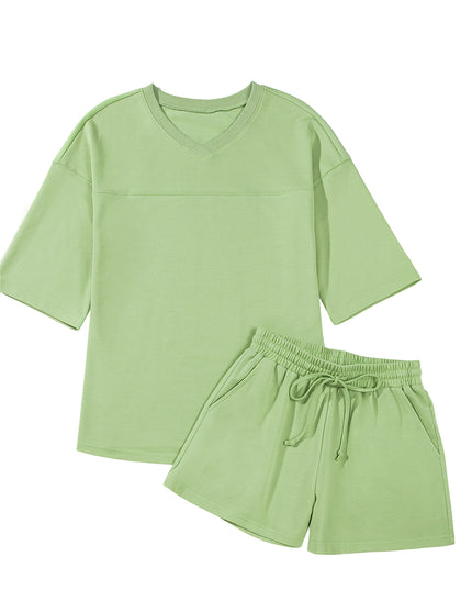 Bonbon Loose V Neck Tee and Drawstring Shorts Set