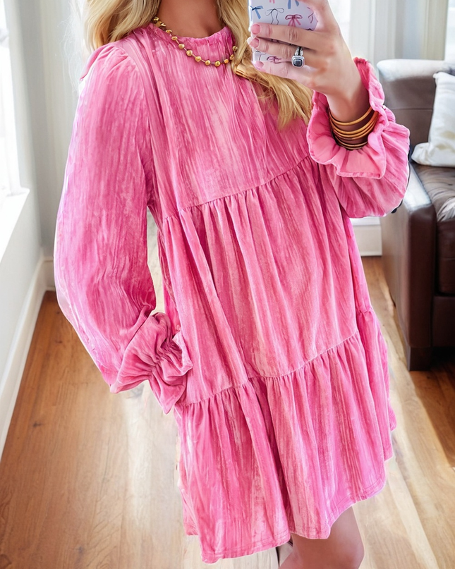 Strawberry Pink Flounce Sleeve Tiered Ruffled Velvet Mini Dress