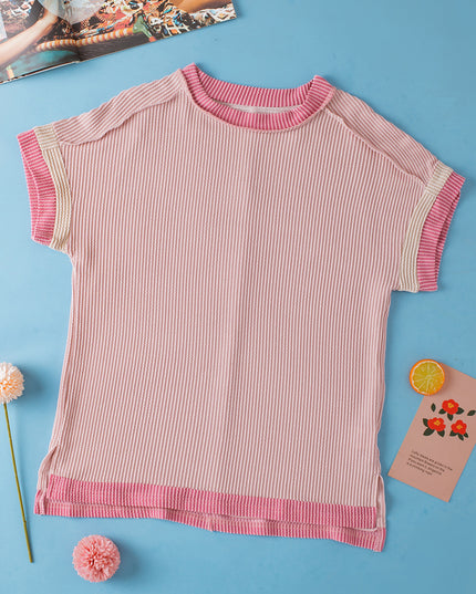 Rose Red Textured Colorblock Round Neck T Shirt