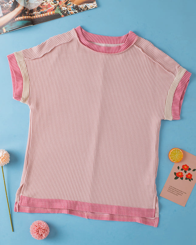 Rose Red Textured Colorblock Round Neck T Shirt