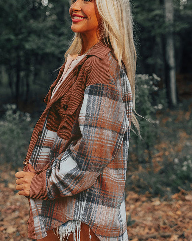 Cinnamon Plaid Corduroy Patchwork Pocket Loose Shacket