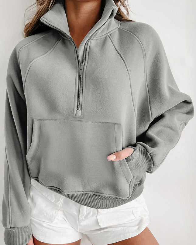Black Zip Up Stand Collar Ribbed Thumbhole Sleeve Sweatshirt