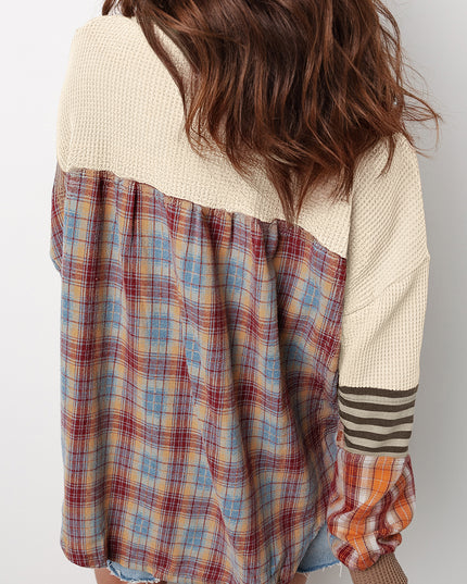 Straw Yellow Waffle Stripe Plaid Patchwork Henley Top