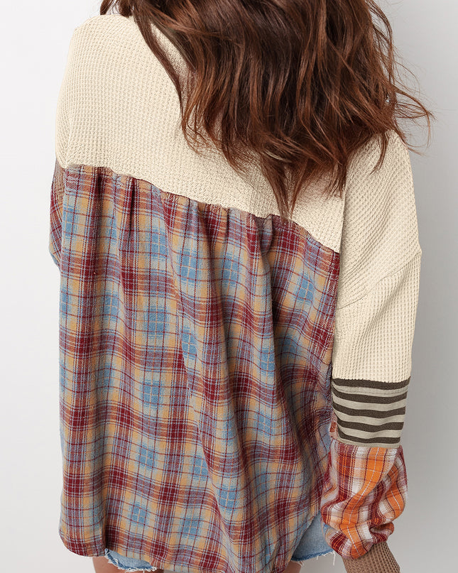 Straw Yellow Waffle Stripe Plaid Patchwork Henley Top