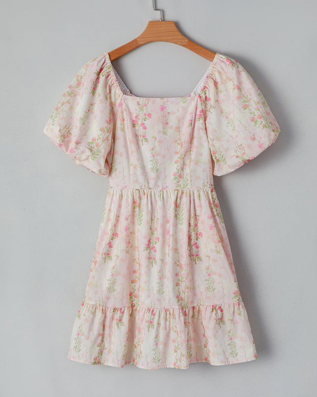 Pink Floral Puff Sleeve Square Neck Knotted Backless Ruffle Mini Dress
