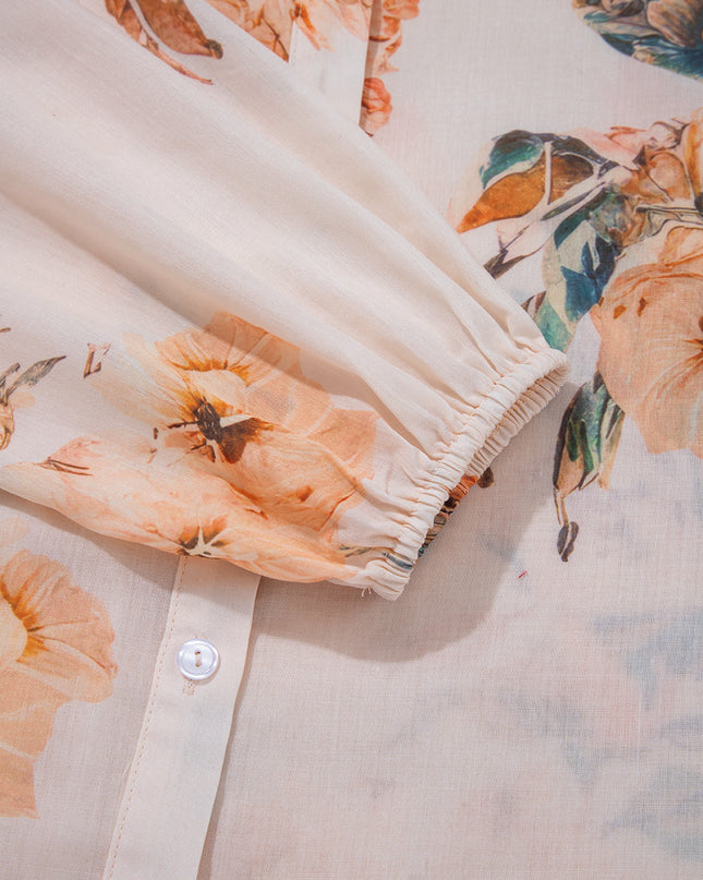 Orange Floral Puff Sleeve Lightweight Shirt