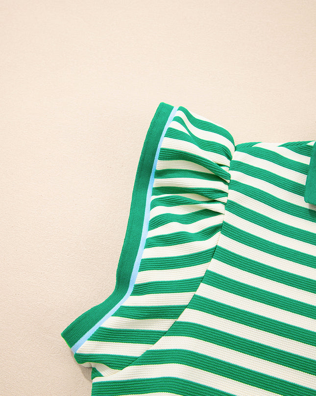 Green Striped Ruffle Short Sleeve Pop of Color Neckline Dress