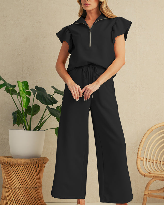 Beau Blue Textured Ruffle Sleeve Zipped Top and Wide Leg Pants Set