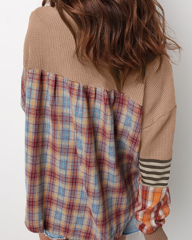 Straw Yellow Waffle Stripe Plaid Patchwork Henley Top