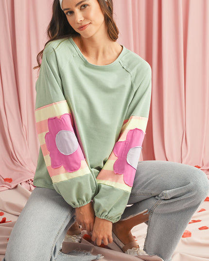 Smoke Green Flower Patchwork Exposed Seam Raglan Sleeve Top