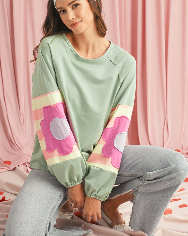 Smoke Green Flower Patchwork Exposed Seam Raglan Sleeve Top