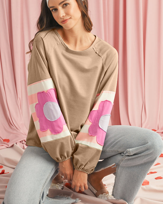Smoke Green Flower Patchwork Exposed Seam Raglan Sleeve Top