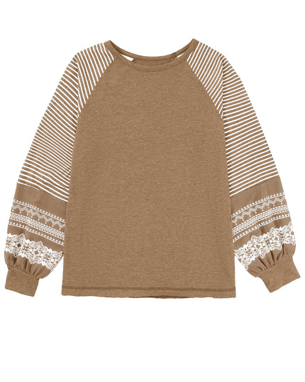 Rose Red Contrast Print Striped Raglan Long Sleeve Loose Top
