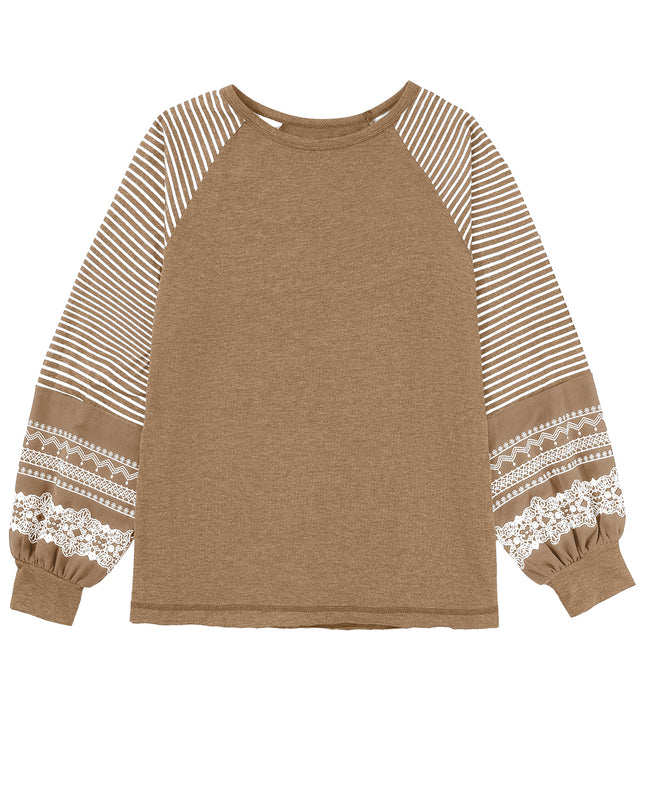 Rose Red Contrast Print Striped Raglan Long Sleeve Loose Top
