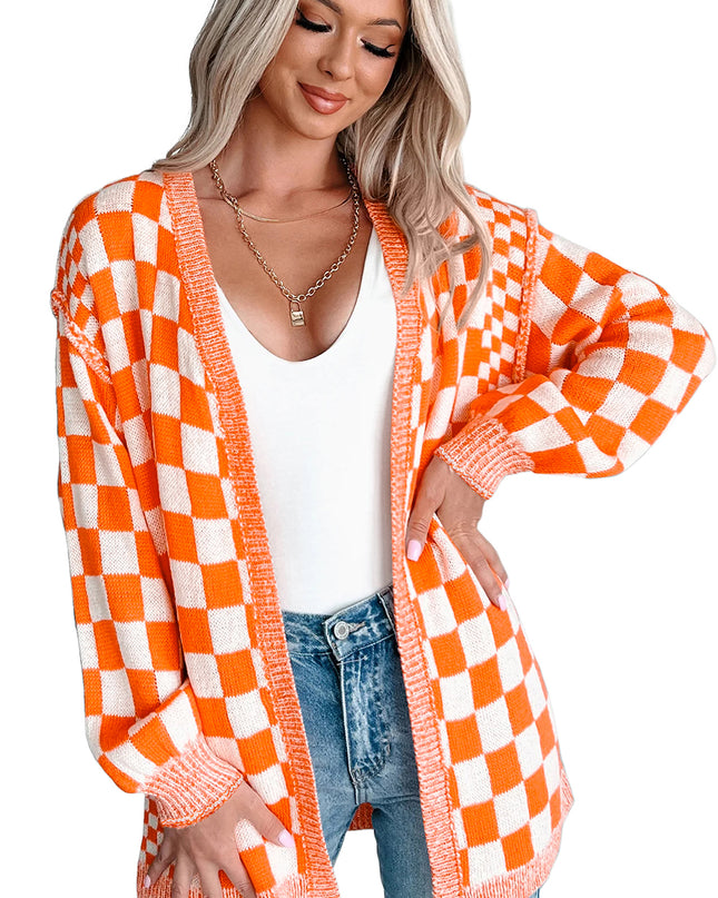Orange Checkered Open Front Drop Shoulder Cardigan