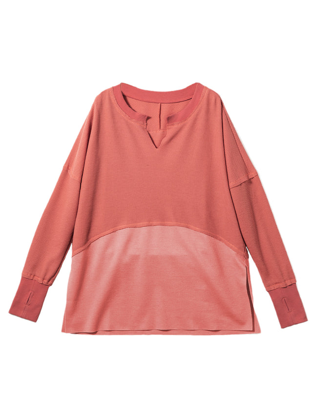 Mineral Red Waffle Knit Patchwork Exposed Seam Long Sleeve Top