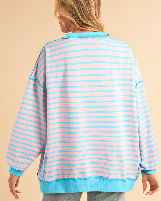 Pink Stripe Contrast Trim High Low Tunic Sweatshirt