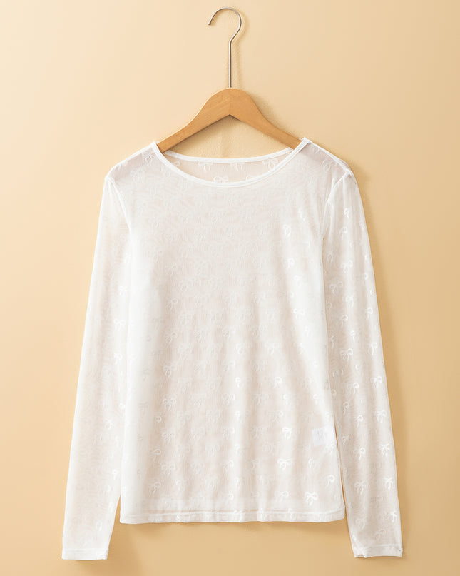 Black Bow Pattern Long Sleeve Slim Fit Mesh Top