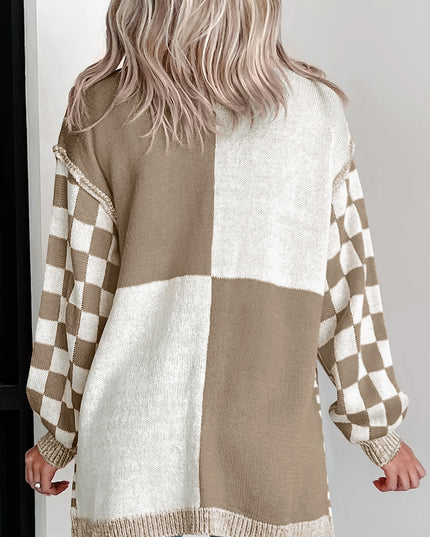 Orange Checkered Open Front Drop Shoulder Cardigan