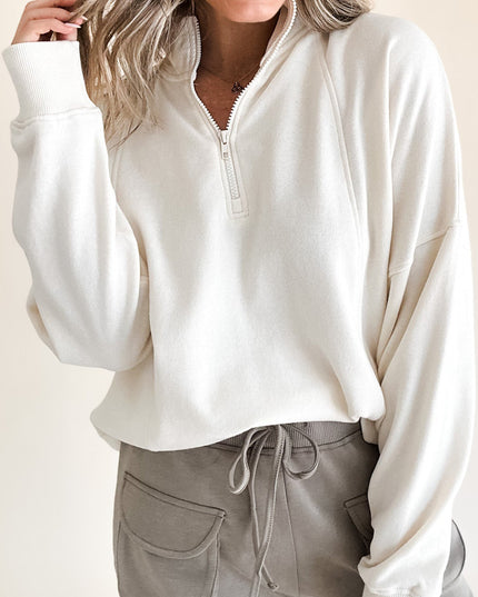 White Zipper Collared Drop Shoulder Plain Sweatshirt