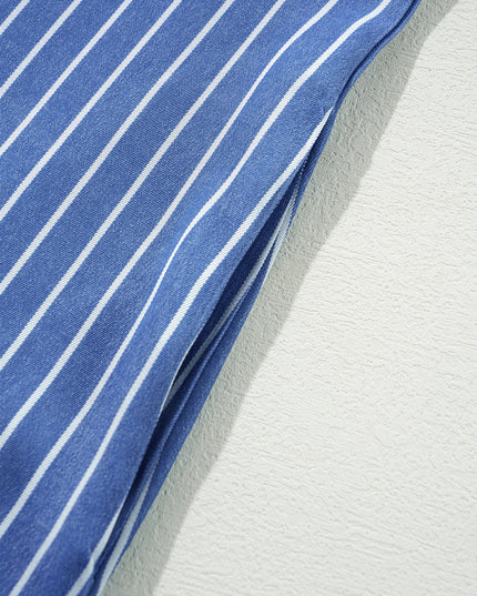 Sky Blue Stripe Frilly Split Neck Shirred Ruffle Sleeve Mini Shift Dress