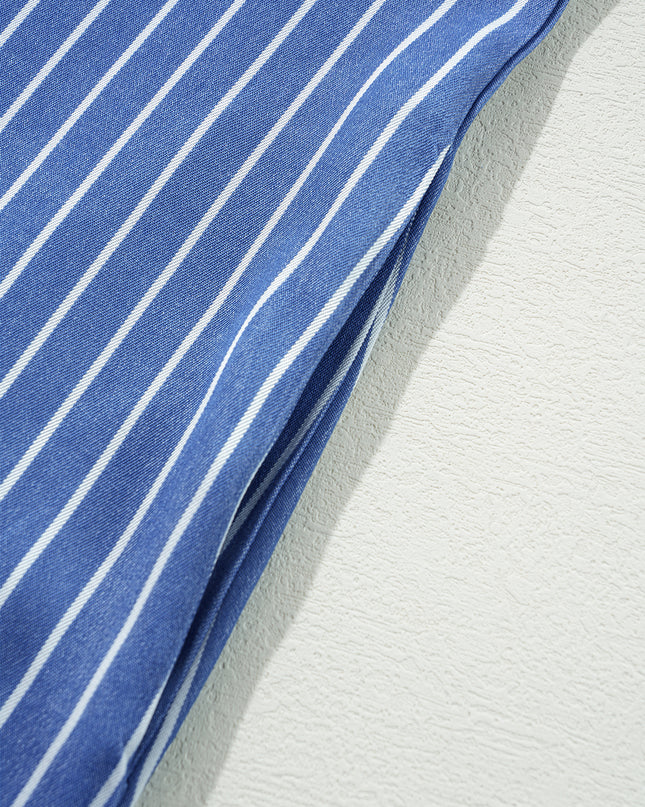 Sky Blue Stripe Frilly Split Neck Shirred Ruffle Sleeve Mini Shift Dress