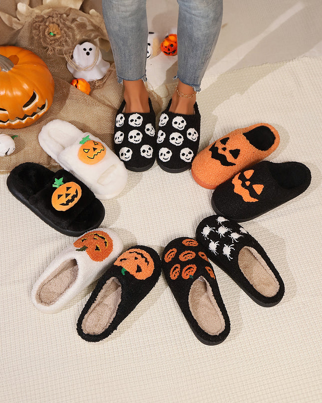 White Halloween Pumpkin Print Plush Slippers