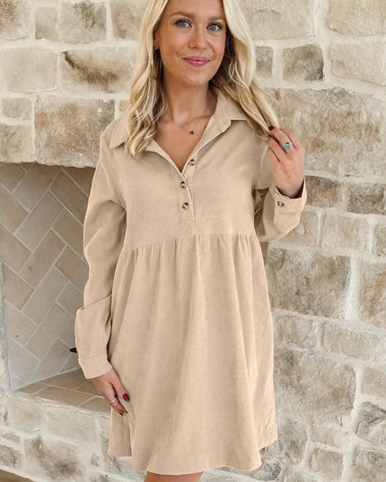 Oatmeal Corduroy Half Button Collared Long Sleeve Mini Dress