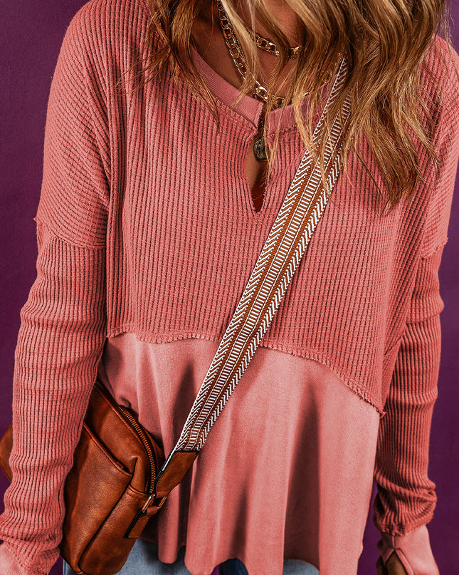 Mineral Red Waffle Knit Patchwork Exposed Seam Long Sleeve Top