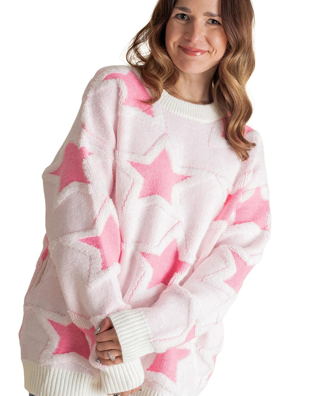 Sachet Pink Star Pattern Drop Sleeve Loose Sweater