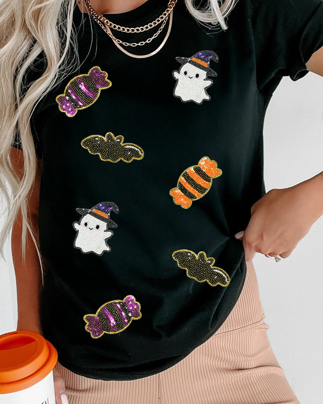 Black Sequined Halloween Spirit Pattern Patched Custom Casual Tee