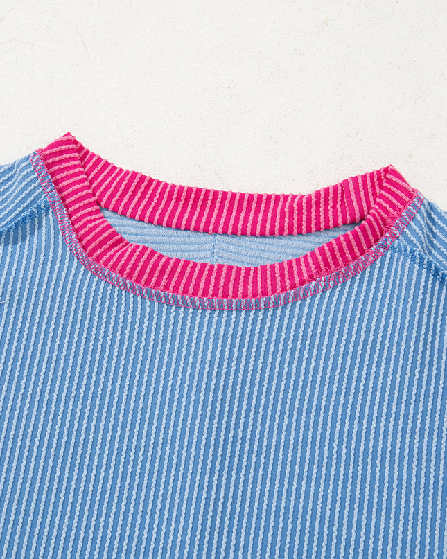 Rose Red Textured Colorblock Round Neck T Shirt