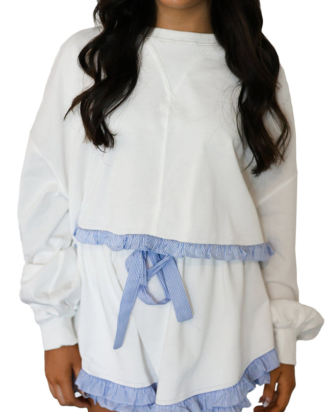 White Striped Ruffle Hem Long Sleeve Pullover and Shorts Set