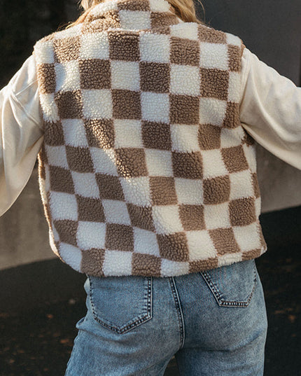 Khaki Checkered Sherpa Collared Jacket Vest