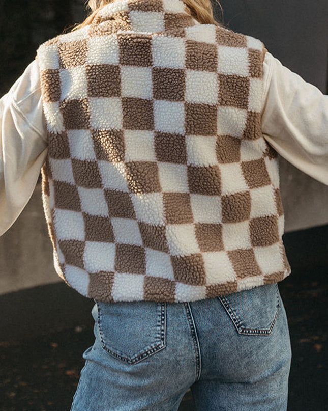 Khaki Checkered Sherpa Collared Jacket Vest